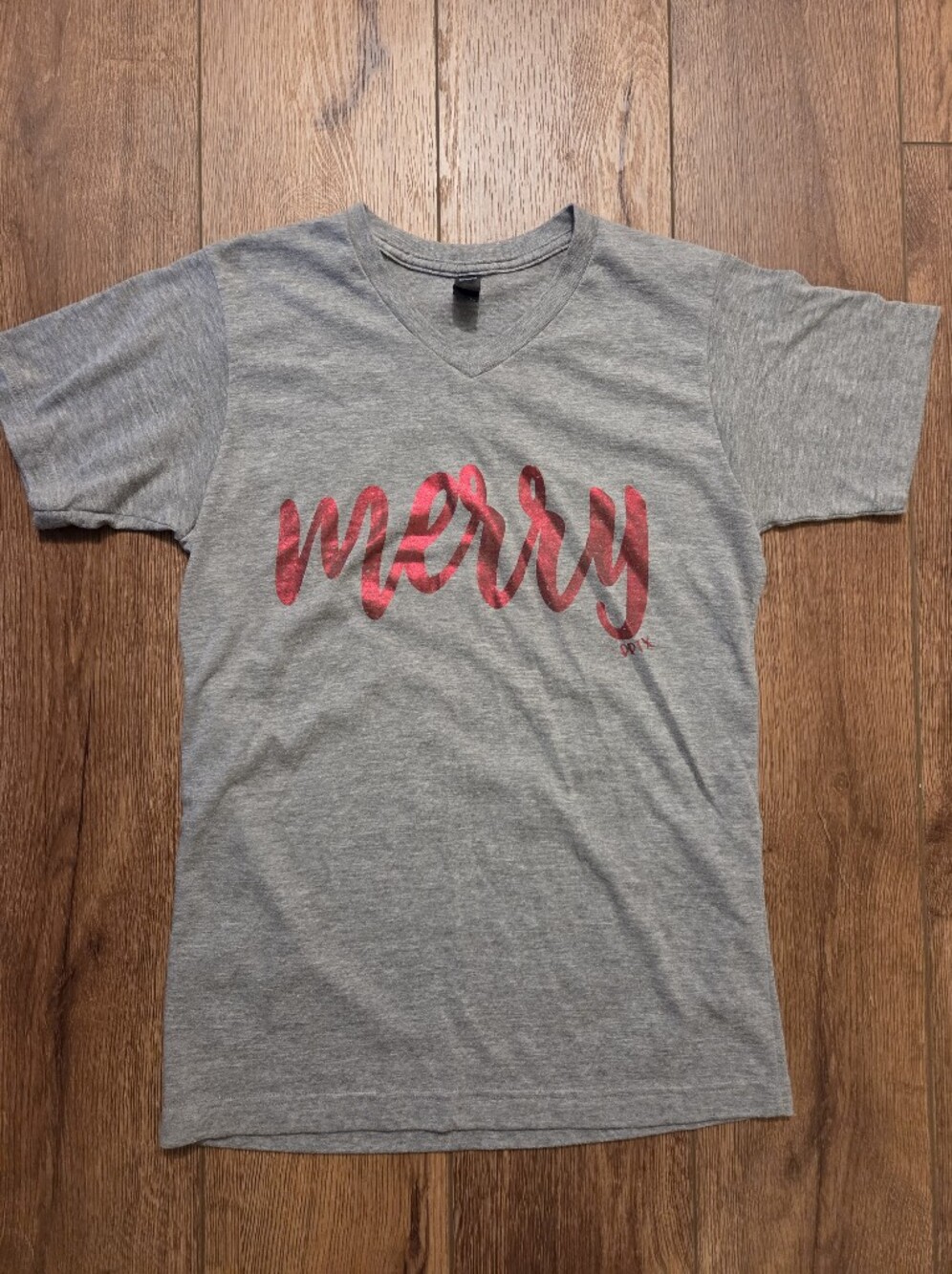 Women's Tultex Gray V-Neck Tee with Red 'merry' Script